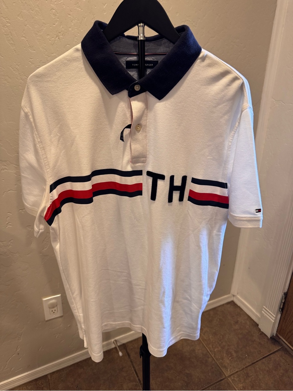 Tommy Hilfiger White Polo with Navy Collar and Red-Blue Stripe